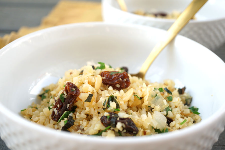 Toasted Cauliflower Cous Cous with Pine Nuts &amp; Raisins