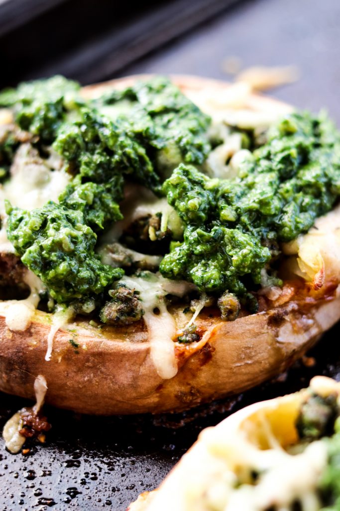 Twice Baked Sweet Potatoes with Pesto