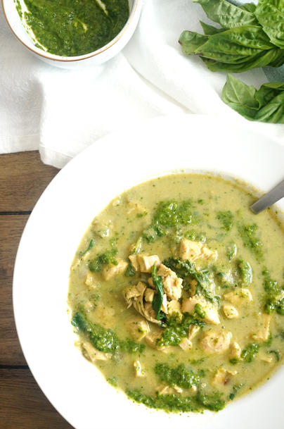 Chicken & Spinach Soup with Fresh Pesto