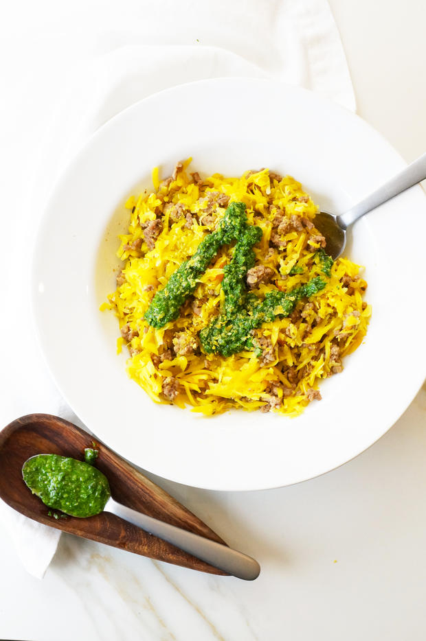 Beef and Butternut Rice with Basil Pesto